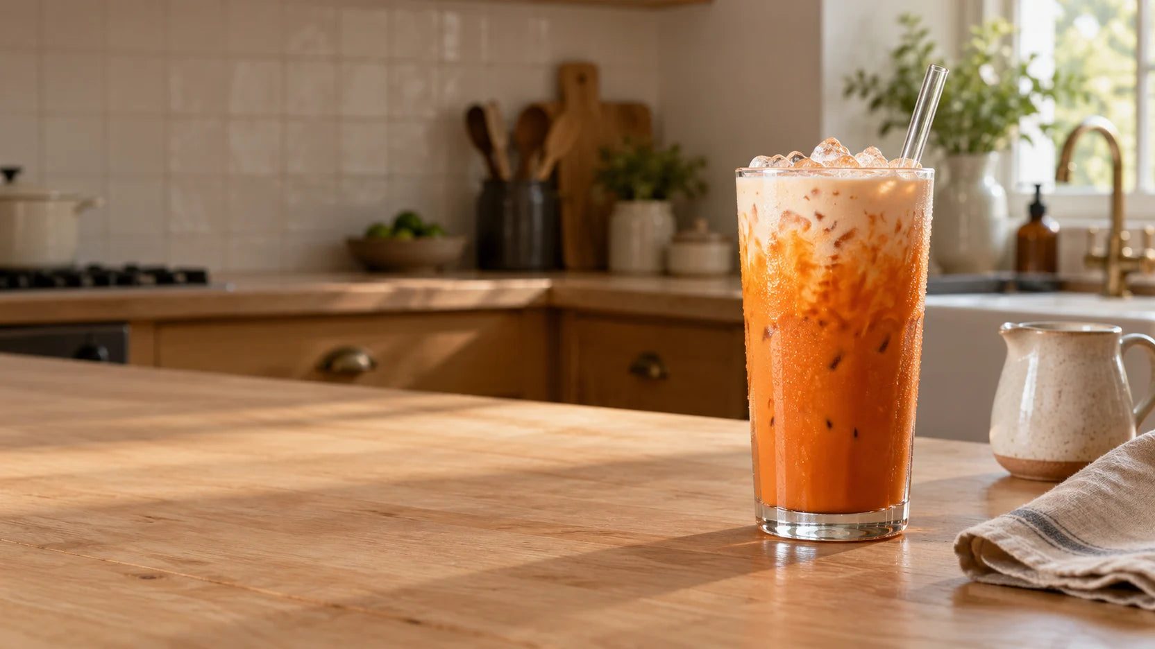 Street-style Thai iced tea with crushed ice and evaporated milk on a kitchen counter